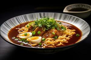 ai generado japonés ramen fideos sopa con Cerdo y huevo en negro fondo, japonés ramen tallarines en soja salsa sazonado sopa, ai generado foto