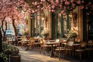 ai generado café en París, Francia, con Cereza flores en lleno floración, un clásico parisino café en el primavera mañana, ai generado foto