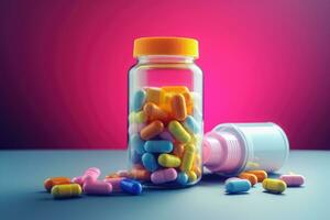 AI generated Colorful pills spilling out of pill bottle on table with pink background, Drug prescription for treatment medication. Pharmaceutical medicament, AI Generated photo