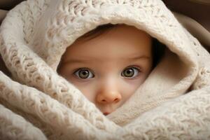 AI generated Cute little baby girl hiding under warm knitted blanket, closeup, beautiful baby looking out from under blanket, AI Generated photo