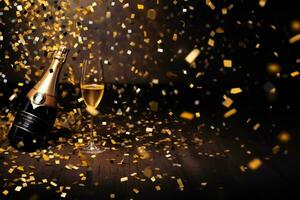 AI generated Champagne bottle and glasses on wooden table with golden confetti, Celebration background with confetti and gold balloons, AI Generated photo