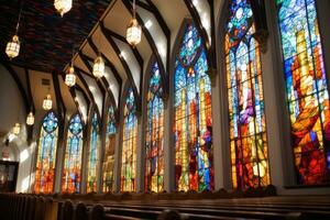 ai generado interior de un Iglesia con manchado vaso ventanas, hermosa foto digital imagen, un Iglesia presentando manchado vaso ventanas y imponente agujas, ai generado