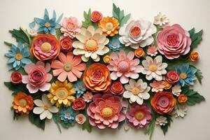AI generated Paper flowers made of felt on a white background. Paper craft, A detailed illustration of blooming flowers arranged to form a 'Happy Mothers Day' message, AI Generated photo