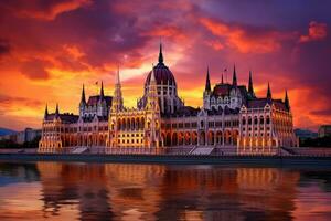 AI generated Hungarian Parliament Building in Budapest at sunset, Hungary. Beautiful landscape, Hungarian parliament, Budapest, at sunset, AI Generated photo