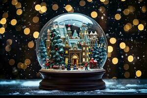 AI generated Christmas and New Year miniature houses in snow globe. Christmas holiday concept, AI Generated photo