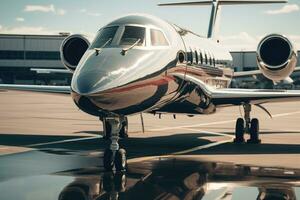 AI generated Close up of a private jet on the tarmac of an airport, Close-up of a business jet parked outside, AI Generated photo