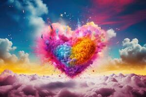 AI generated Heart shaped cloud against colorful sky with clouds at sunset. 3d illustration, Colorful heart in the form of a cloud against a vibrant background, AI Generated photo