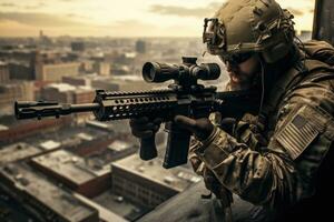 ai generado unido estados Ejército especial efectivo soldado con asalto rifle en el techo de edificio, ai generado foto