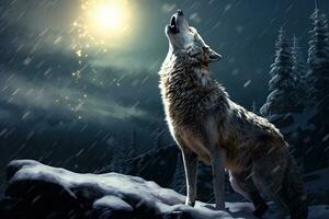 AI generated wolf howling at night in the mountains. 3d illustration, AI Generated photo
