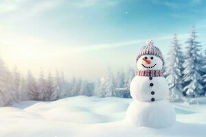 AI generated Snowman in the winter forest at sunset. Christmas and New Year background, Panoramic view of a happy snowman in winter scenery with copy space, AI Generated photo