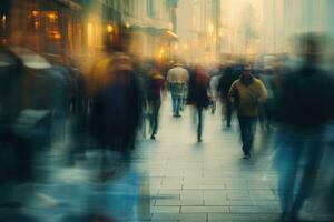 ai generado multitud de personas caminando en el ciudad. intencional movimiento difuminar, borroso multitud de irreconocible a el calle, ai generado foto