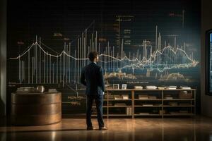 AI generated Rear view of businessman looking at stock market chart on wall in office, Businessman planning graph growth and an increase in positive chart indicators in his business, AI Generated photo