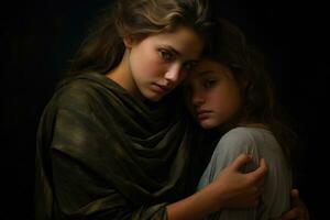 AI generated Portrait of two beautiful young women hugging each other in the dark, A young loving mother hugging her teenage daughter, AI Generated photo