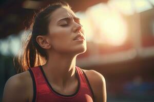 ai generado joven deportivo mujer en ropa de deporte descansando después corriendo a estadio, ai generado foto