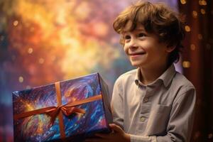 AI generated Portrait of a boy holding a gift box on a festive background, child has received a great birthday gift, AI Generated photo