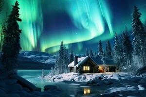 AI generated Aurora borealis northern light above house in winter forest, AI Generated photo