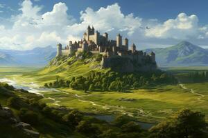 AI generated Fantasy landscape with a medieval castle on the hill, 3d illustration, Medieval stronghold castle with hills and mountains amidst green fields, AI Generated photo