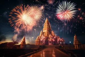 ai generado fuegos artificiales en wat phra ese doi suplemento, chiang Mai, tailandia, fuegos artificiales encima un hindú templo durante diwali o profundoavali, ai generado foto