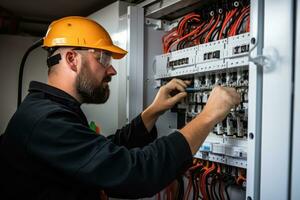 AI generated electrician in helmet and uniform working with fuse box in fuse box, Commercial electrician working on a fuse box, AI Generated photo