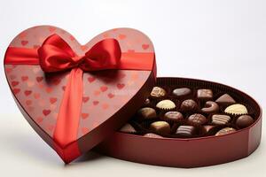 AI generated Box of chocolates in the shape of a heart with a red ribbon, A chocolate brown Valentine's Day gift box with a gold inscription, AI Generated photo