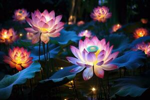 AI generated Lotus flower blooming in the pond with colorful light in the evening, Glowing lotus flowers, AI Generated photo