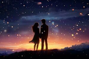 AI generated Silhouette of a loving couple against the background of the night sky, AI Generated photo