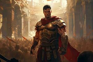 AI generated Ancient Roman legionary in the ruins of the city. 3d rendering, AI Generated photo