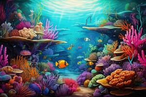 AI generated Underwater world with colorful corals and tropical fish. Underwater world, An underwater world teeming with diverse marine life, AI Generated photo