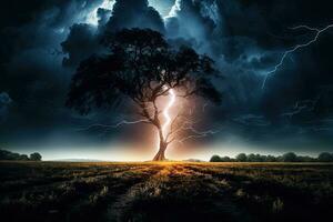 AI generated Stormy sky with lightning and lightning strikes in the field. Nature background, AI Generated photo