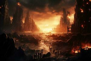 AI generated Fantasy landscape with a fire and smoke in the sky. 3d rendering, Digital painting of a world collapse, doomsday scene, AI Generated photo