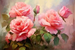 AI generated pink roses in watercolor style, painting on canvas, flower background, Digital oil painting of beautiful pink roses, AI Generated photo