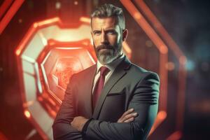 AI generated Portrait of a handsome mature businessman standing with his arms crossed on a futuristic background, Cybersecurity concept with a businessman on a blurred background, 3D rendering photo