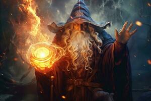 AI generated Fantasy portrait of a wizard in the forest with a burning fire, An old wizard casting a spell, with magical energy swirling around him, AI Generated photo