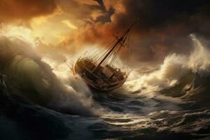 AI generated Sailing ship in stormy sea, 3d render illustration, dramatic scene of a boat sailing on big waves, AI Generated photo