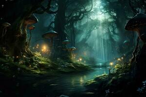 AI generated Fantasy landscape with foggy forest and mushrooms. 3d rendering, AI Generated photo
