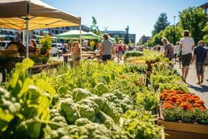 ai generado multitud de personas a un local agricultores mercado en el Hora de verano, un bullicioso orgánico agricultores mercado durante verano, ai generado foto