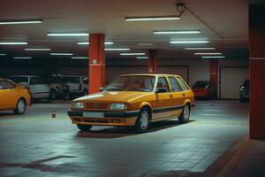 AI generated Car in underground parking lot at night, vintage toned image, Car parked at outdoor parking lot, Used car for sale and rental service, AI Generated photo