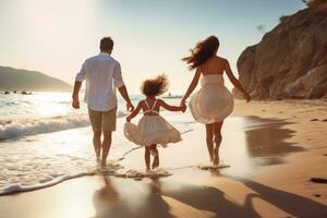AI generated happy young family with little son have fun at vacations on beautiful beach, Rear view of a happy young family running and jumping on a summer beach, AI Generated photo