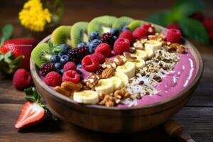 ai generado sano desayuno cuenco con yogur, Granola, bayas y nueces en de madera fondo, un brillantemente de colores orgánico zalamero cuenco con varios coberturas, ai generado foto