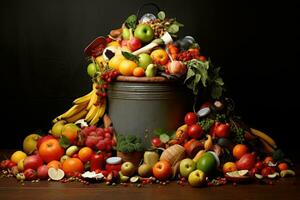 AI generated Fresh fruits and vegetables falling into a bucket with splashes of juice, Food waste, AI Generated photo