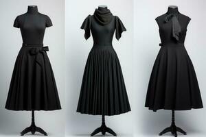 AI generated Fashionable black dress on a mannequin in a studio, A collection of timeless little black dresses, AI Generated photo