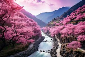 AI generated Cherry blossoms in spring season with river and mountain background, AI Generated photo