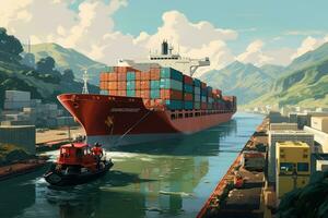 AI generated Cargo ship on the background of the sea and mountains. 3D rendering, Illustration of a container ship passing through the Panama Canal, AI Generated photo