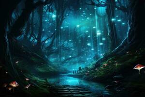 AI generated Mysterious dark forest with fog and lights. 3D rendering, An ethereal forest with bioluminescent mushrooms and insects, AI Generated photo