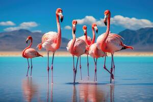 AI generated Flamingos at Salar de Uyuni, Bolivia, Group of pink African flamingos walking around the blue lagoon on a sunny day, AI Generated photo