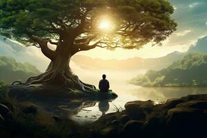 ai generado hombre meditando en un rock cerca un grande árbol en el bosque, ai generado foto