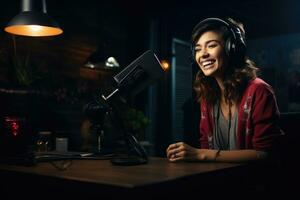 AI generated Young asian female vlogger in headphones sitting in front of microphone at night, Cheerful woman recording stream in dark room, AI Generated photo