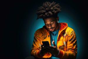 AI generated Young african american man listening music with headphones and mobile phone, Portrait of a handsome Afro man using his mobile, AI Generated photo