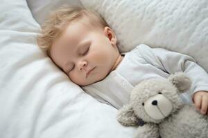 ai generado linda pequeño niña dormido en un blanco cama con un toalla en su cabeza, ai generado foto