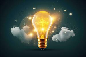 AI generated Glowing glass light bulb on dark background. Idea concept. Vector illustration, Brainstorming concept with a light bulb, AI Generated photo